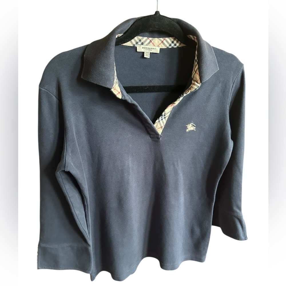 Burberry Navy Long Sleeve Polo Shirt with Plaid Accents size XXL runs Small - Picture 2 of 8